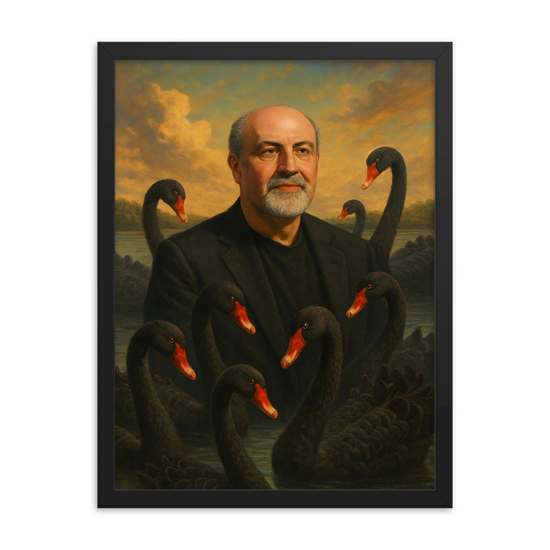 Nassim Nicholas Taleb among black swans framed print on a plain backdrop in size 18