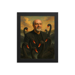 Nassim Nicholas Taleb among black swans framed print on a plain backdrop in size 8"x10".
