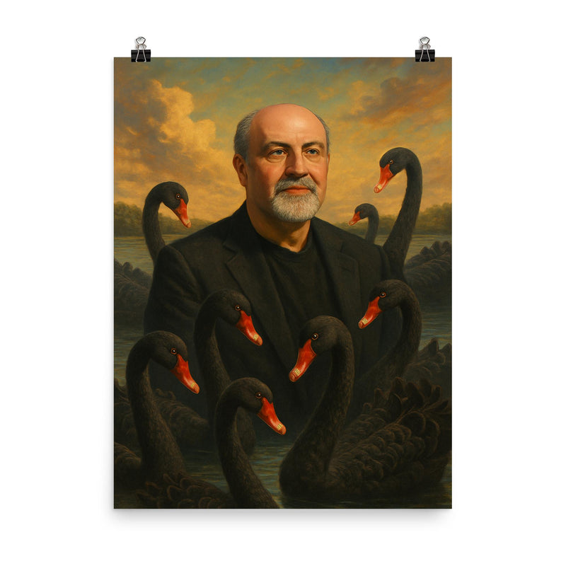 Nassim Nicholas Taleb among black swans poster on a plain backdrop in size 8
