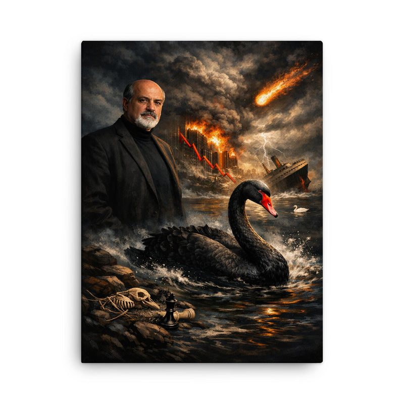 Nassim Nicholas Taleb black swan tableau canvas print on a plain backdrop in size 18