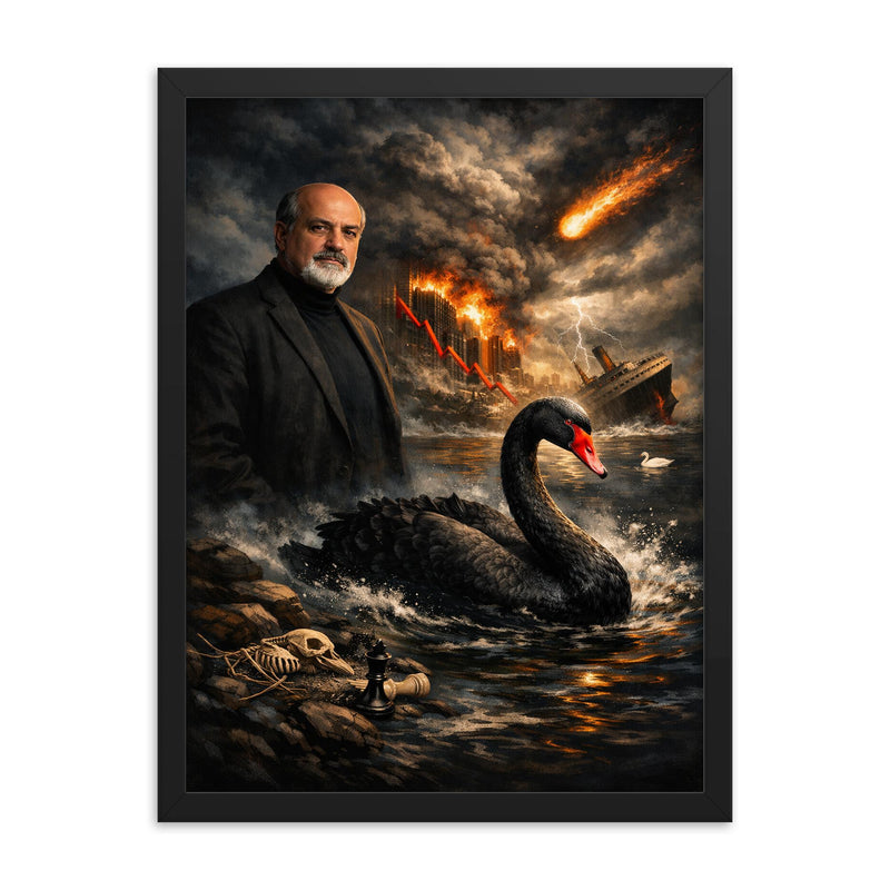 Nassim Nicholas Taleb black swan tableau framed print on a plain backdrop in size 18