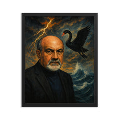 Nassim Nicholas Taleb with black swan storm framed print on a plain backdrop in size 16"x20".