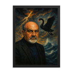 Nassim Nicholas Taleb with black swan storm framed print on a plain backdrop in size 18"x24".