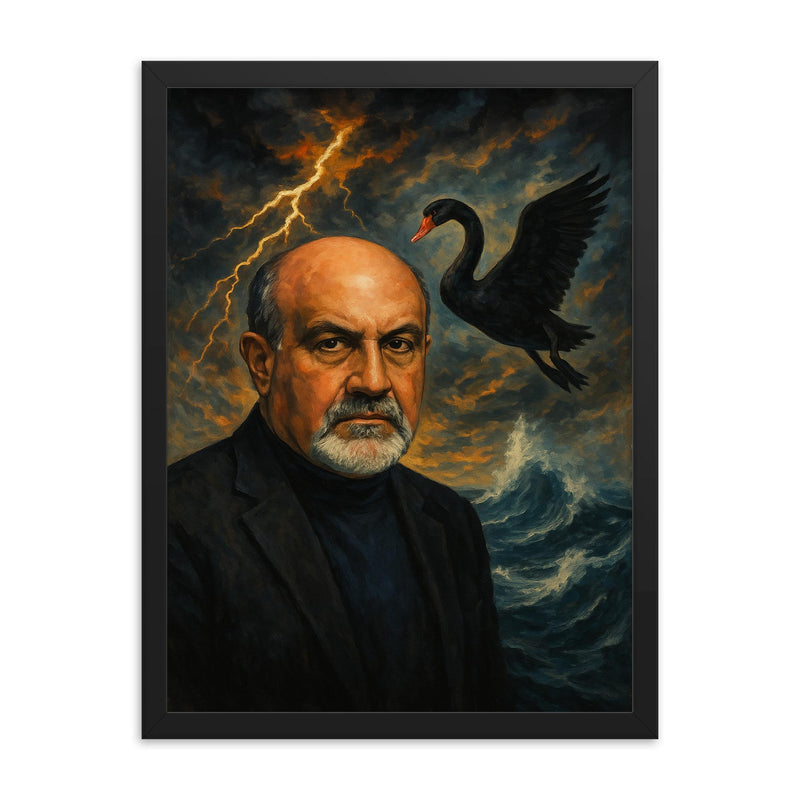Nassim Nicholas Taleb with black swan storm framed print on a plain backdrop in size 18