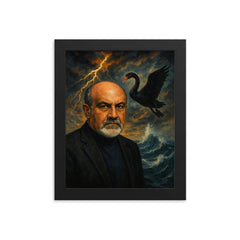 Nassim Nicholas Taleb with black swan storm framed print on a plain backdrop in size 8"x10".