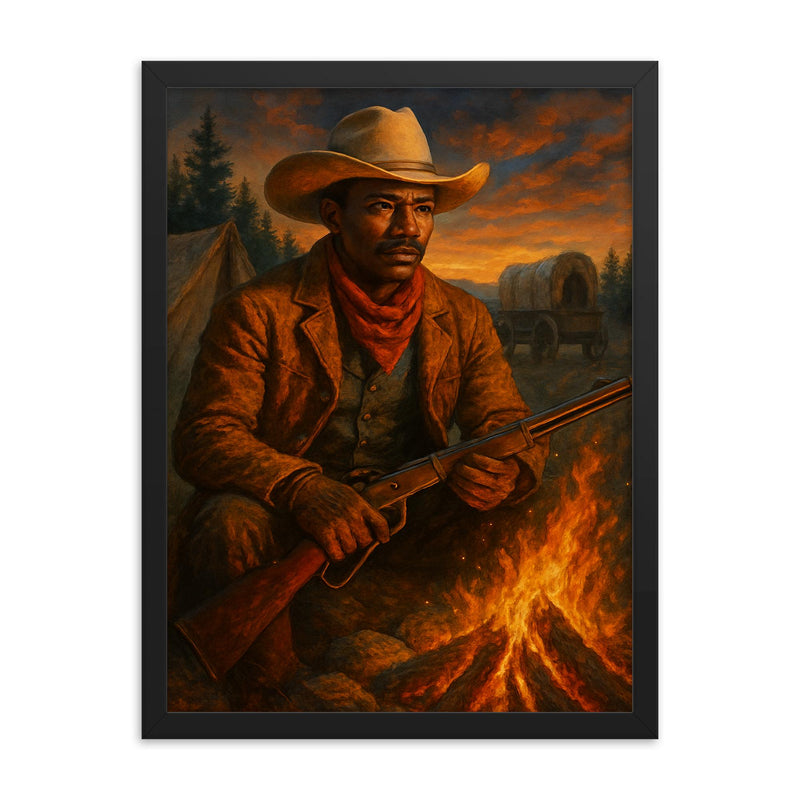 Nat Love at frontier campfire framed print on a plain backdrop in size 18
