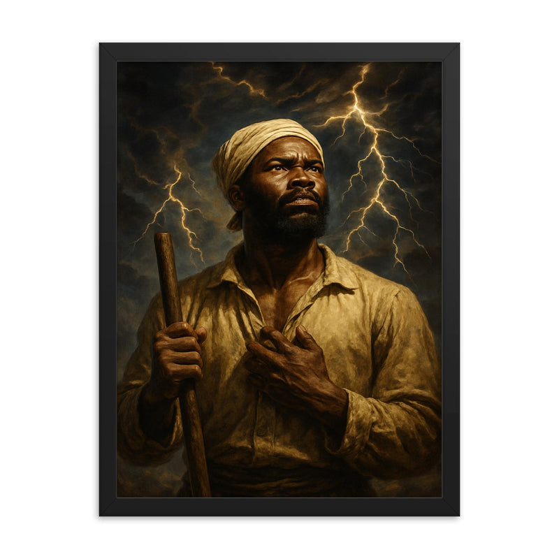 Nat Turner prophetic storm portrait framed print on a plain backdrop in size 18