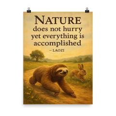 Nature does not hurry Laozi quote sloth beats rabbit inspiring poster poster on a plain backdrop in size 8"x10".