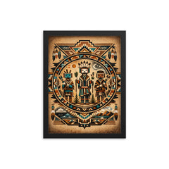 Navajo Yei figures in sandpainting geometry framed print on a plain backdrop in size 12"x16".