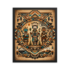 Navajo Yei figures in sandpainting geometry framed print on a plain backdrop in size 16"x20".