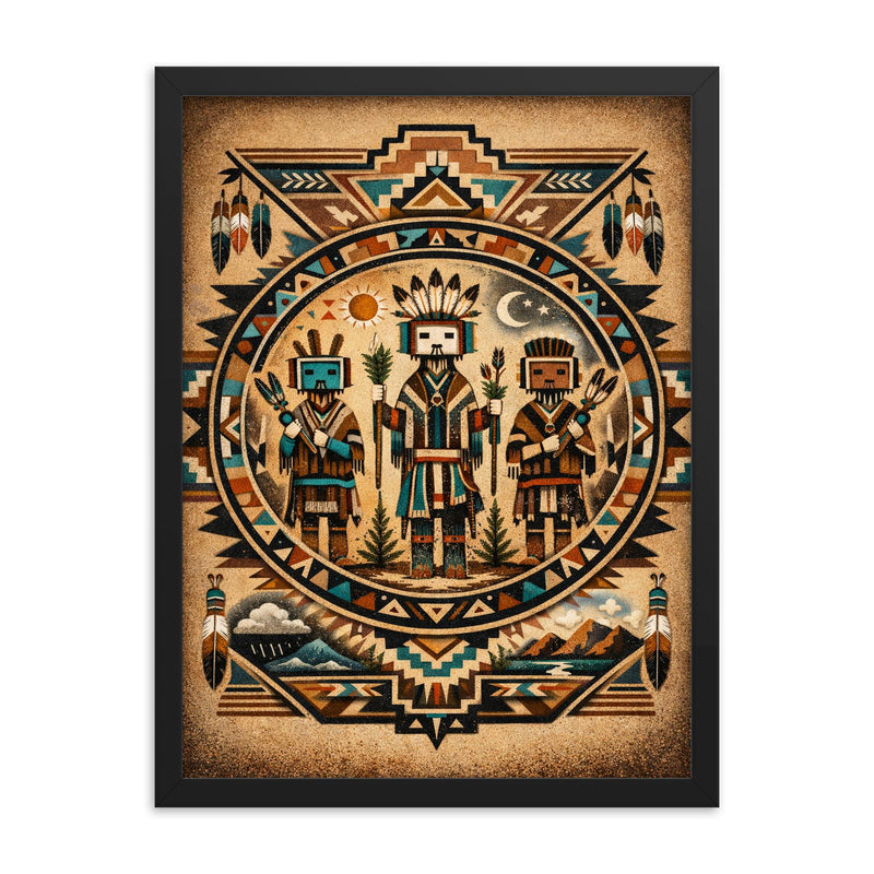 Navajo Yei figures in sandpainting geometry framed print on a plain backdrop in size 18