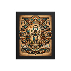 Navajo Yei figures in sandpainting geometry framed print on a plain backdrop in size 8"x10".