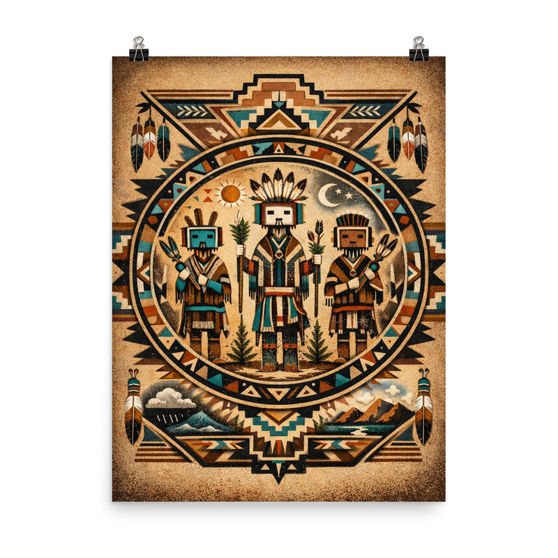 Navajo Yei figures in sandpainting geometry poster on a plain backdrop in size 8