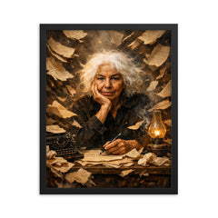 Nawal El Saadawi amid torn manuscripts framed print on a plain backdrop in size 16"x20".