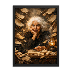 Nawal El Saadawi amid torn manuscripts framed print on a plain backdrop in size 18"x24".