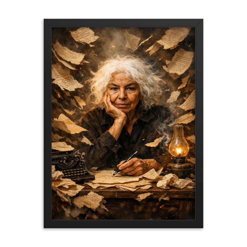 Nawal El Saadawi amid torn manuscripts framed print on a plain backdrop in size 18