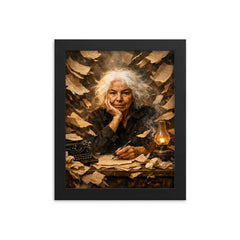 Nawal El Saadawi amid torn manuscripts framed print on a plain backdrop in size 8"x10".