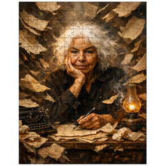 Nawal El Saadawi amid torn manuscripts jigsaw puzzle