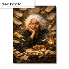 Nawal El Saadawi amid torn manuscripts metal print on a plain backdrop in size 12"x16".