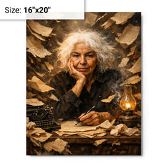 Nawal El Saadawi amid torn manuscripts metal print on a plain backdrop in size 16"x20".