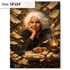 Nawal El Saadawi amid torn manuscripts metal print on a plain backdrop in size 18"x24".