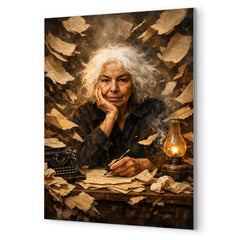 Nawal El Saadawi amid torn manuscripts metal print mockup