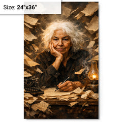 Nawal El Saadawi amid torn manuscripts metal print on a plain backdrop in size 24"x36".
