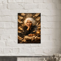 Nawal El Saadawi amid torn manuscripts metal print mockup
