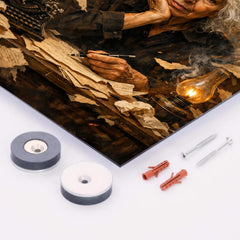 Nawal El Saadawi amid torn manuscripts metal print mockup