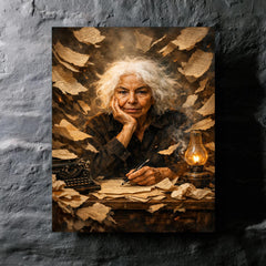 Nawal El Saadawi amid torn manuscripts metal print mockup