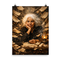 Nawal El Saadawi amid torn manuscripts poster on a plain backdrop in size 8"x10".
