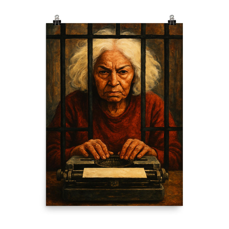 Nawal El Saadawi at typewriter behind prison bars poster on a plain backdrop in size 8