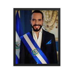 Nayib Bukele framed print on a plain backdrop in size 16"x20".