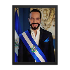 Nayib Bukele framed print on a plain backdrop in size 18"x24".