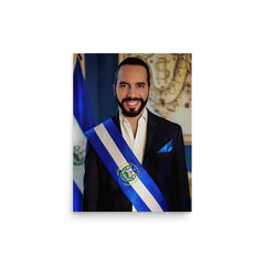 Nayib Bukele poster on a plain backdrop in size 12"x16".