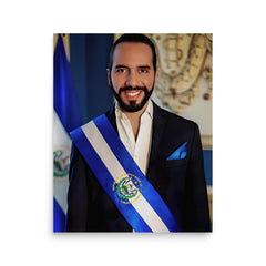 Nayib Bukele poster on a plain backdrop in size 16"x20".