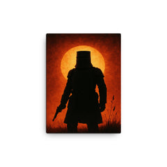 Ned Kelly in iron armor silhouette canvas print on a plain backdrop in size 12"x16".
