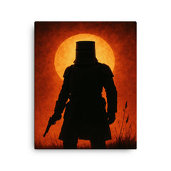 Ned Kelly in iron armor silhouette canvas print on a plain backdrop in size 16"x20".