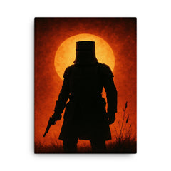 Ned Kelly in iron armor silhouette canvas print on a plain backdrop in size 18"x24".