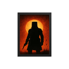 Ned Kelly in iron armor silhouette framed print on a plain backdrop in size 12"x16".