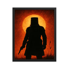 Ned Kelly in iron armor silhouette framed print on a plain backdrop in size 16"x20".