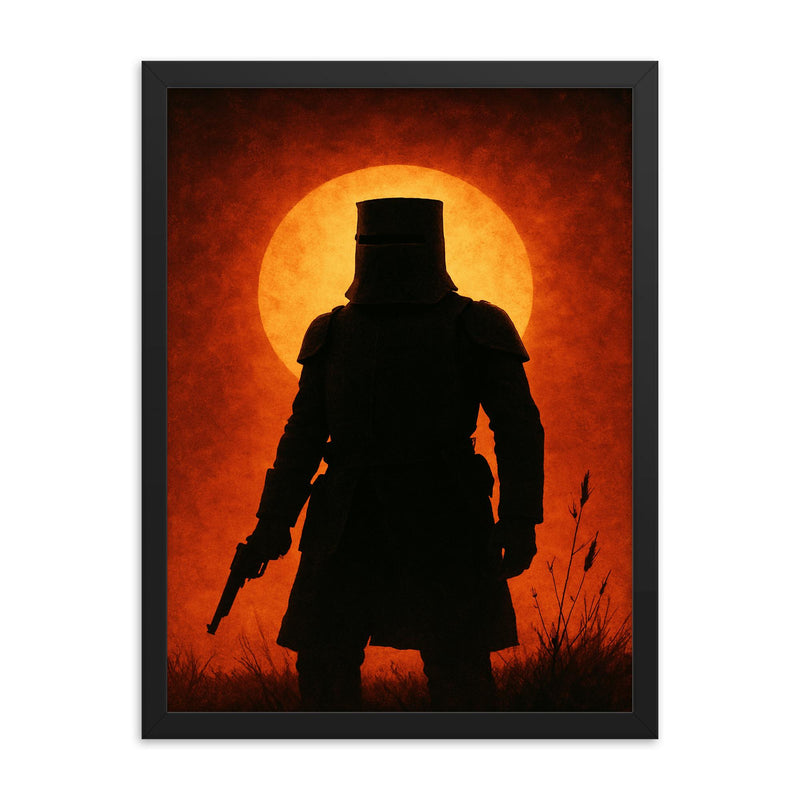 Ned Kelly in iron armor silhouette framed print on a plain backdrop in size 18