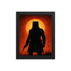 Ned Kelly in iron armor silhouette framed print on a plain backdrop in size 8"x10".
