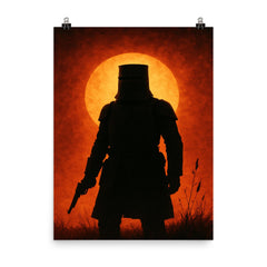 Ned Kelly in iron armor silhouette poster on a plain backdrop in size 8"x10".