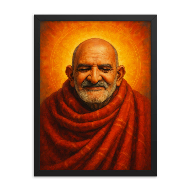 Neem Karoli Baba framed print on a plain backdrop in size 18