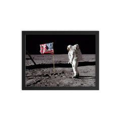Neil Armstrong and Buzz Aldrin on the Moon, Apollo 11, 1969 framed print on a plain backdrop in size 12"x16".