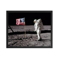 Neil Armstrong and Buzz Aldrin on the Moon, Apollo 11, 1969 framed print on a plain backdrop in size 16"x20".
