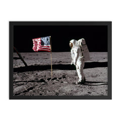 Neil Armstrong and Buzz Aldrin on the Moon, Apollo 11, 1969 framed print on a plain backdrop in size 18"x24".
