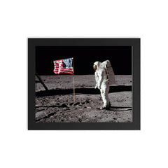 Neil Armstrong and Buzz Aldrin on the Moon, Apollo 11, 1969 framed print on a plain backdrop in size 8"x10".