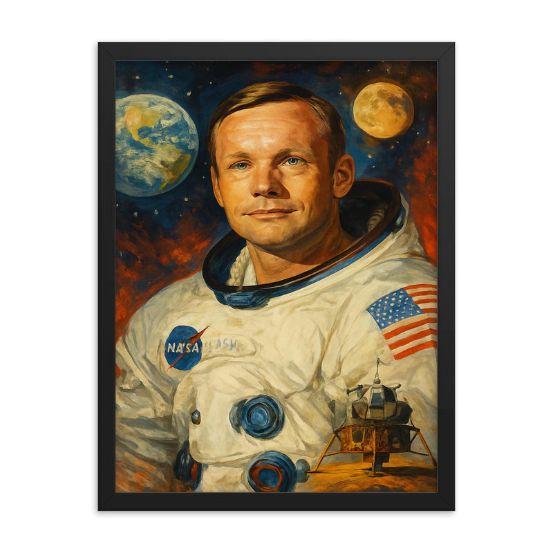 Neil Armstrong framed print on a plain backdrop in size 18